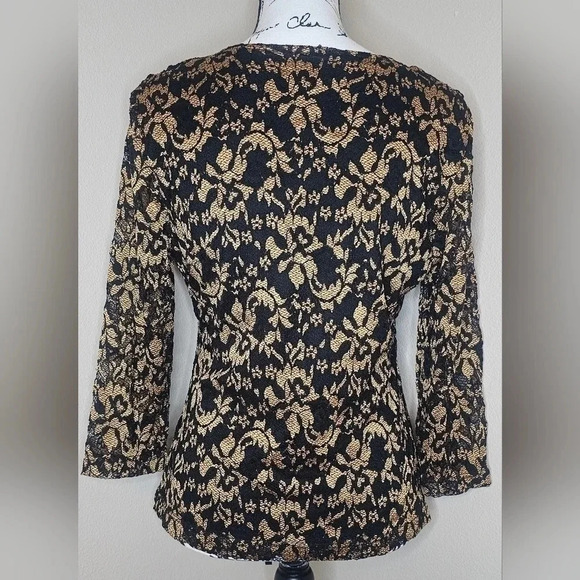 Coldwater Creek Womens Sz Small Gold Black Lace Overlay Floral Surplice Blouse - Picture 3 of 16